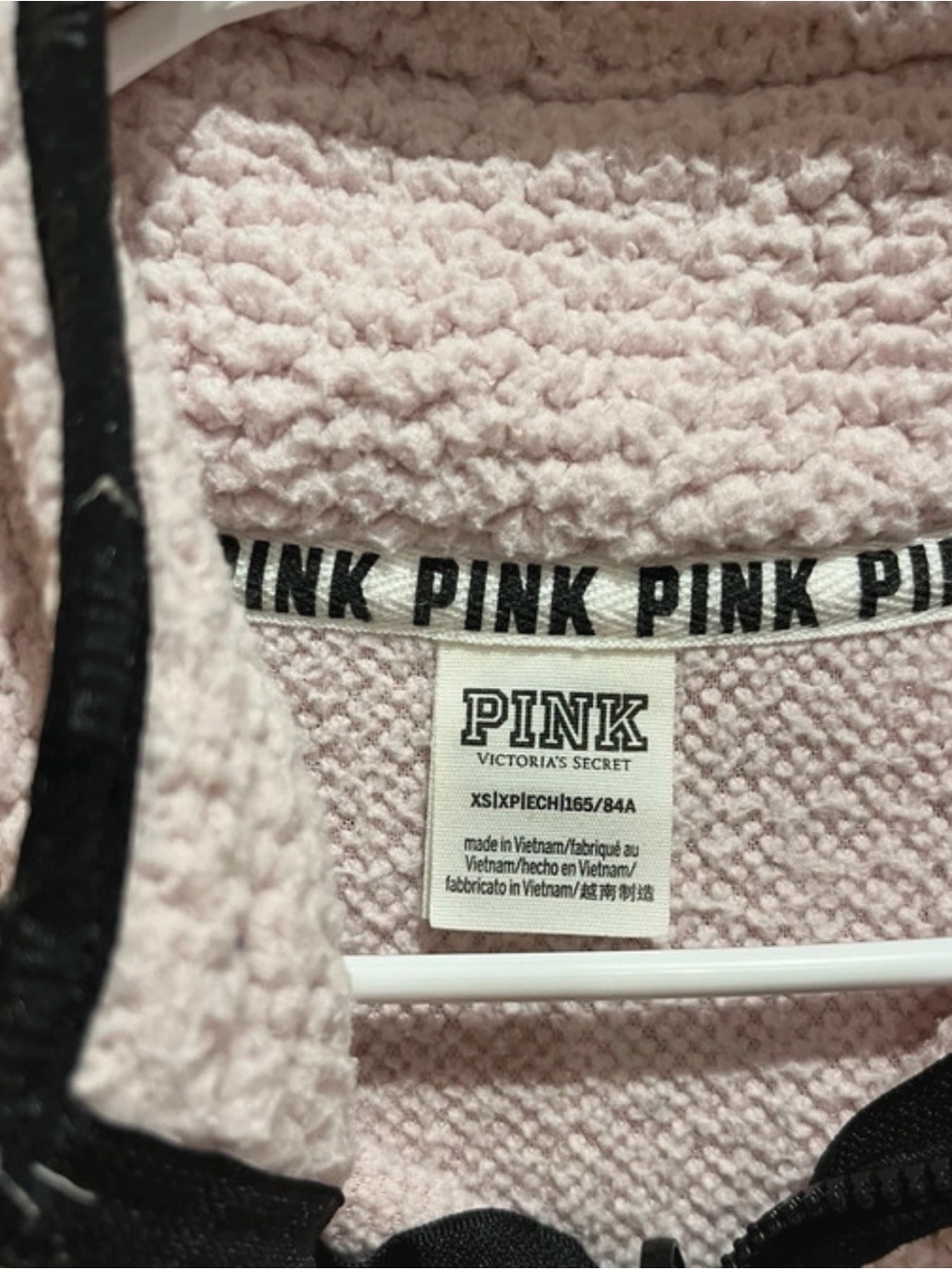 PINK Victoria's Secret Pale Pink Sherpa Zip Hoodie with Black Trim